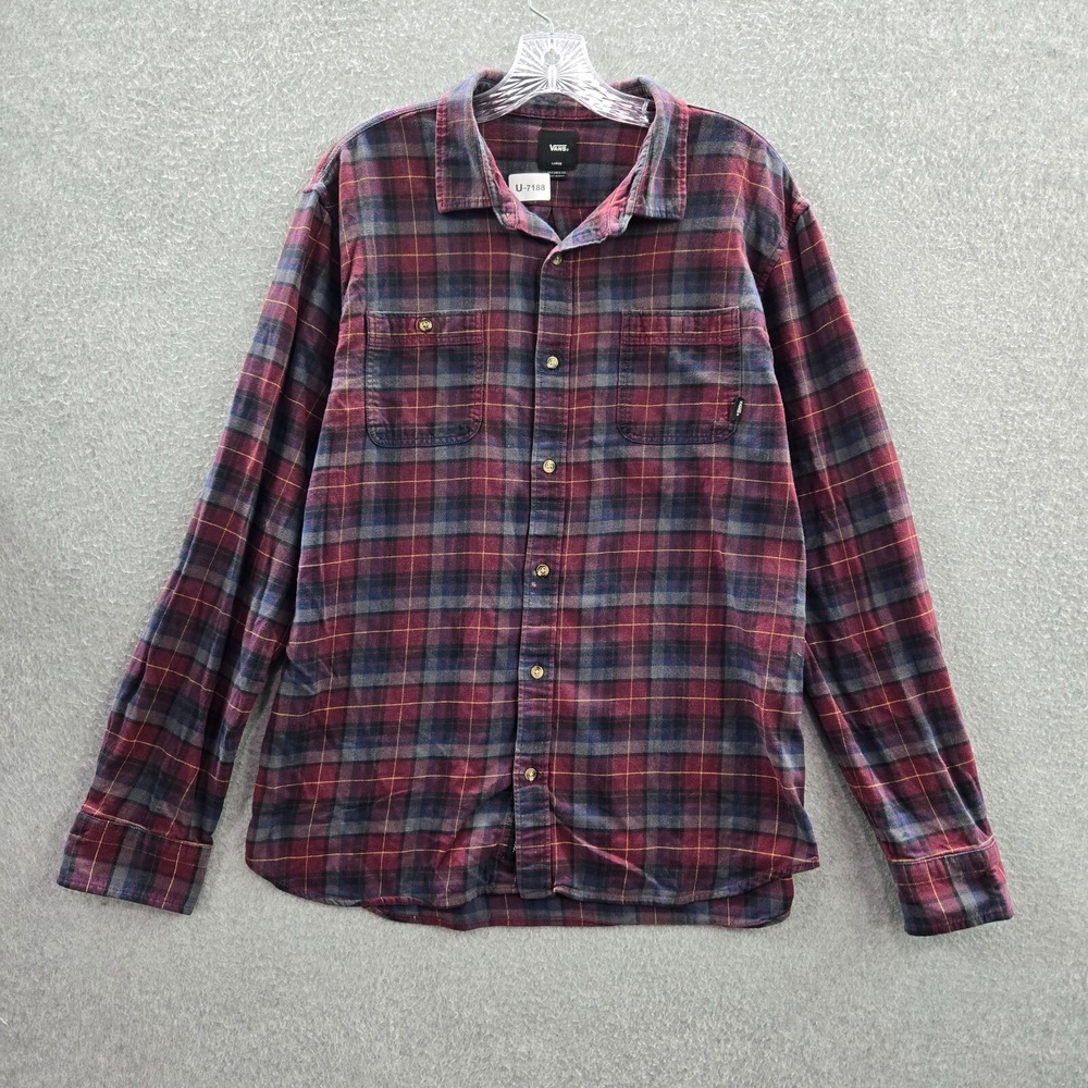 VANS Men Button Up Shirt Large Red Plaid Flannel Tailored Fit Pocket Collar READ